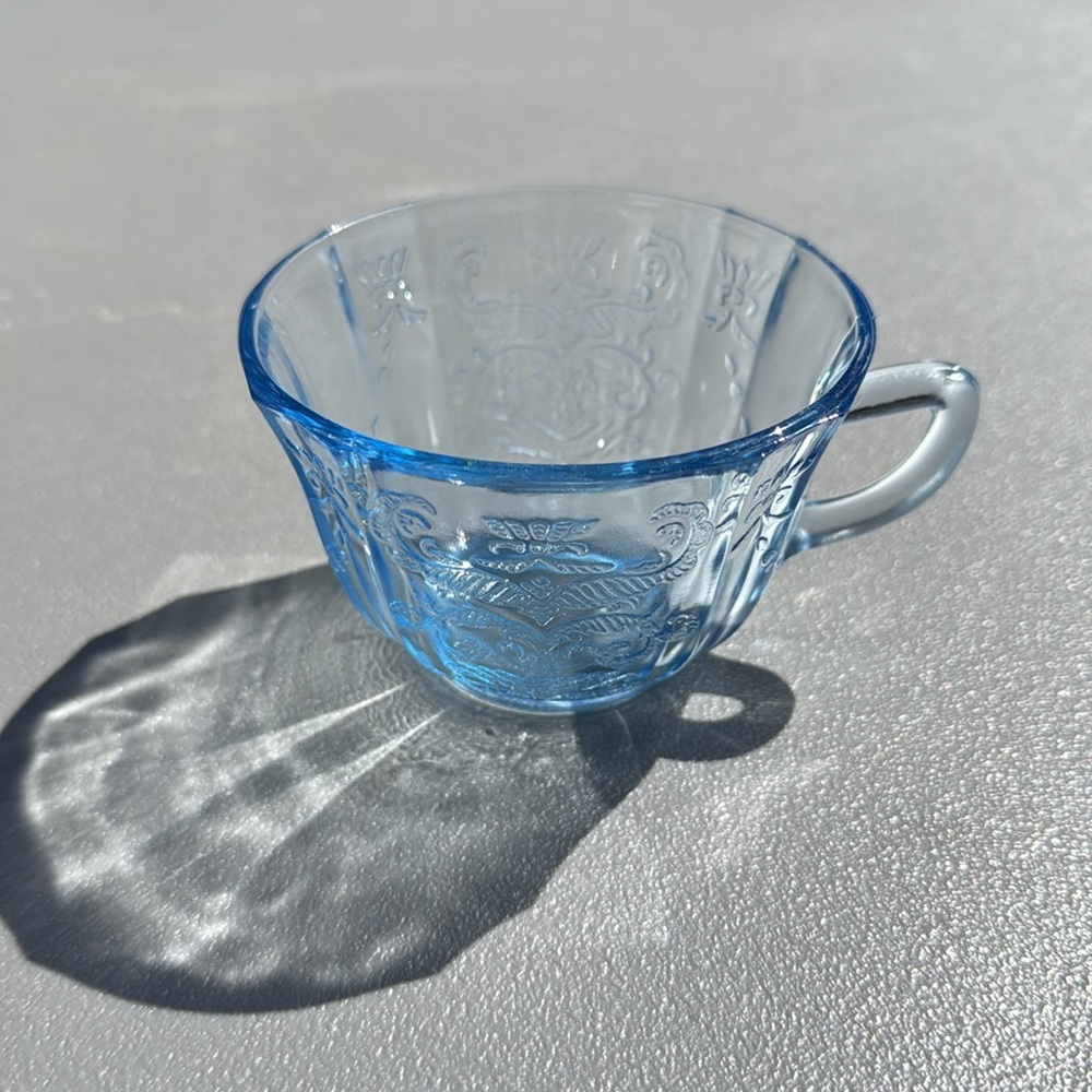 VTG blue glass teacup in the Madrid pattern, a style of Depression glass